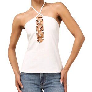 Lulus Women's White Tortoise Shell O Ring Cut Out Halter Top Size M NWTF